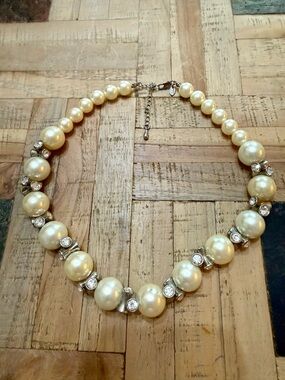 Vtg M&S Statement Necklace Graduated Cream Faux Pearls & Rhinestones Silver Tone